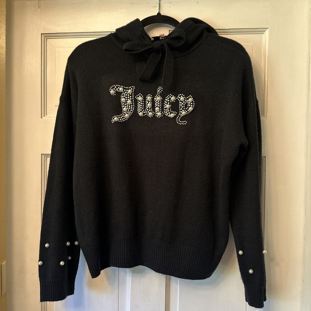 Juicy Couture Women Black Sweater Y2K Retro Pearl Spell Out Black Large Hoodie